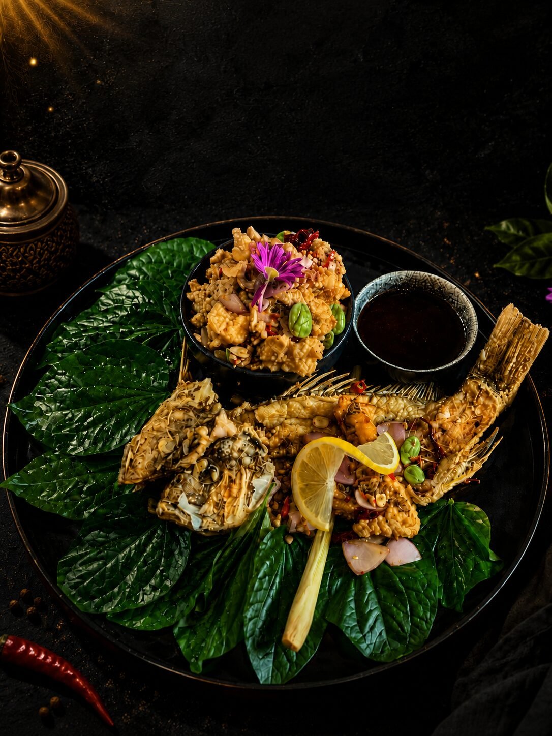 Charcoal-grilled whole fish at Siam Social